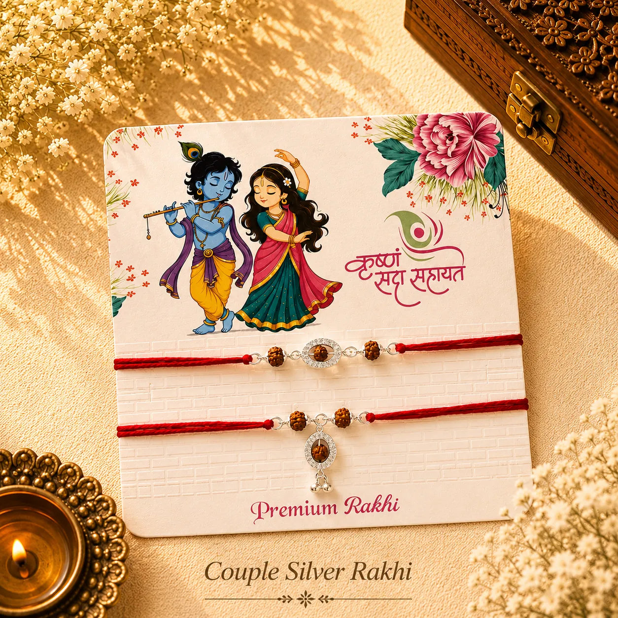 Designer Three Rudraksh Couple Silver Rakhi