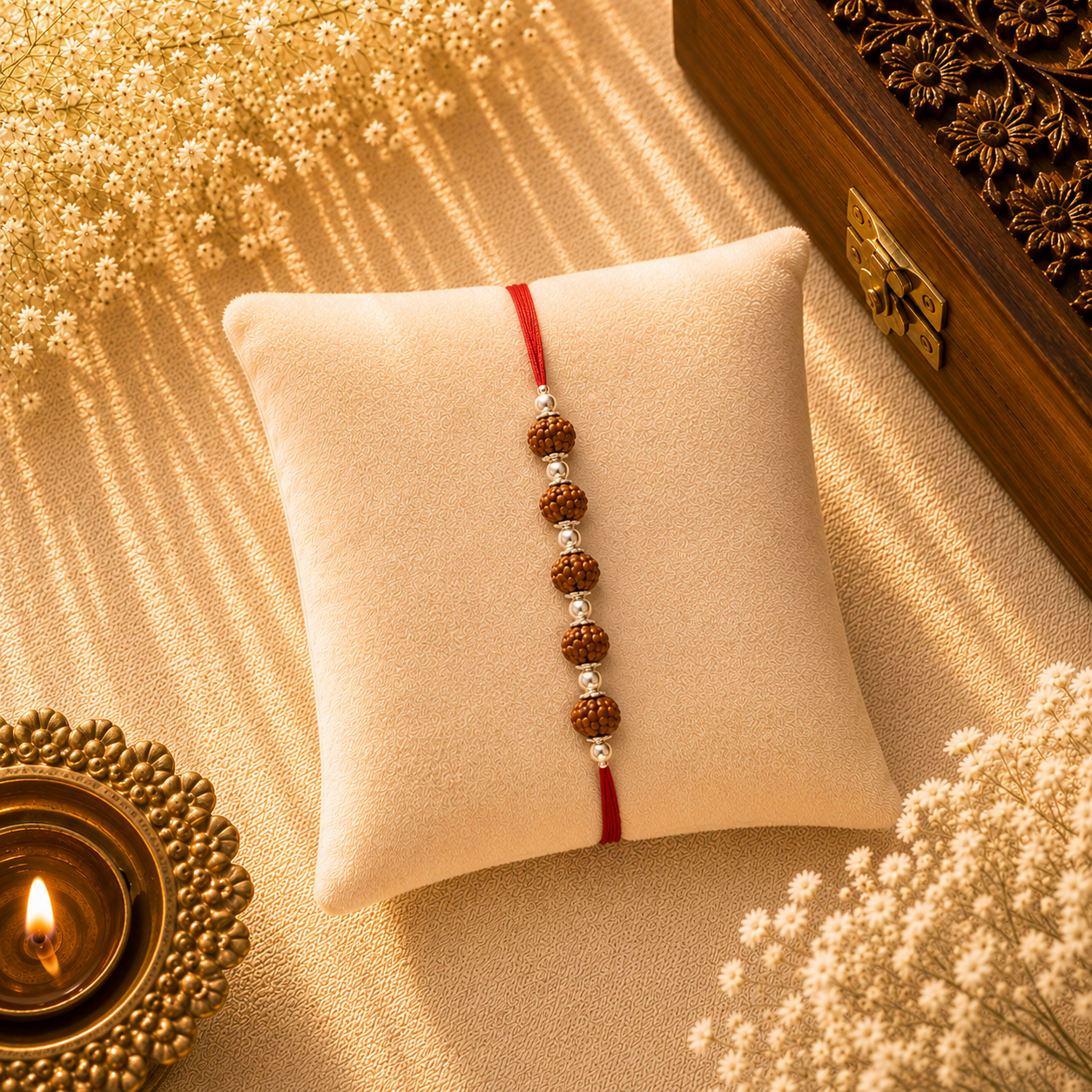 Five Rudraksh with Balls Silver Rakhi
