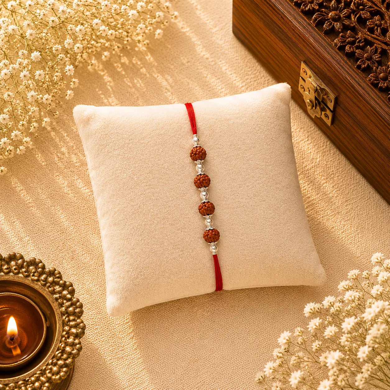 Four Rudraksh with Balls Silver Rakhi