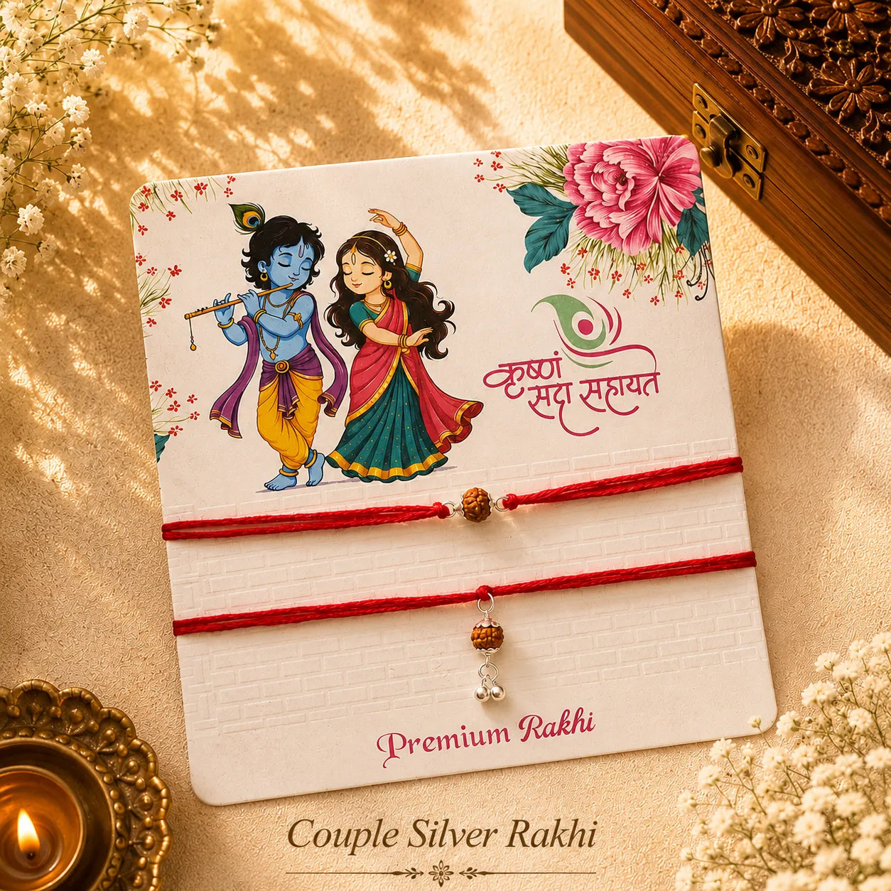 Single Rudraksh Couple Silver Rakhi