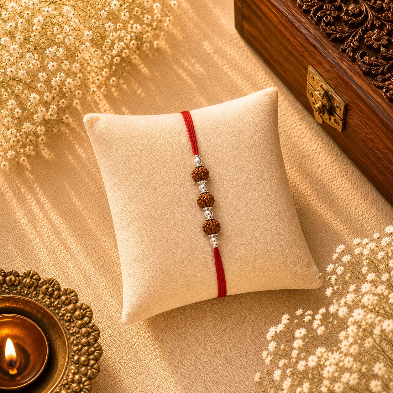 Three Rudraksh with Balls Silver Rakhi