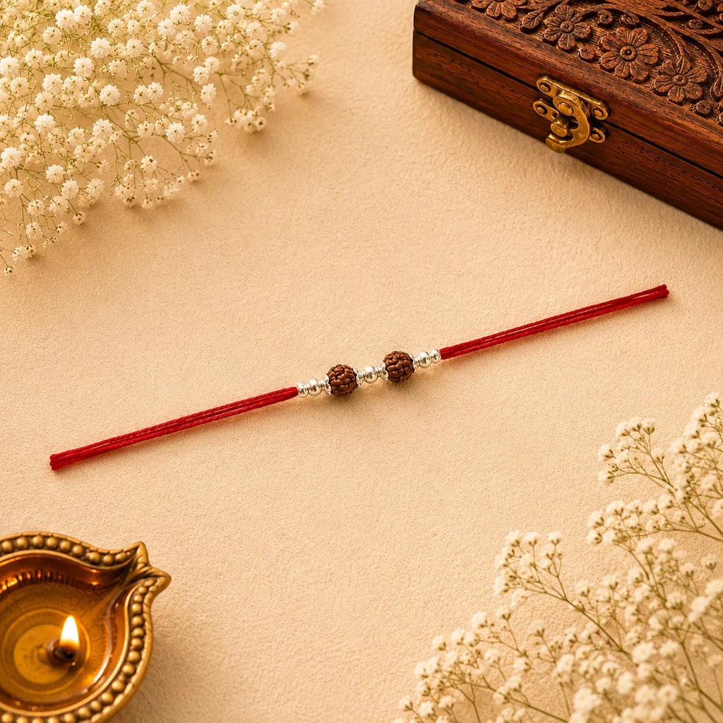 Two Rudraksh with Balls Silver Rakhi